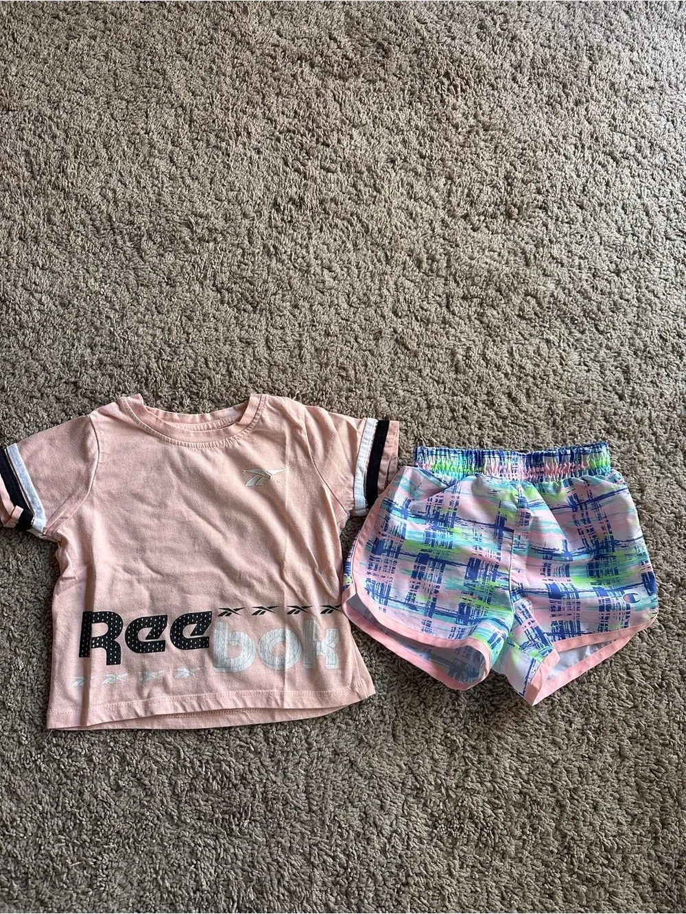 Reebok Peach Short Sleeve Top with Pastel Plaid Shorts and Minnie Shorts withTop
